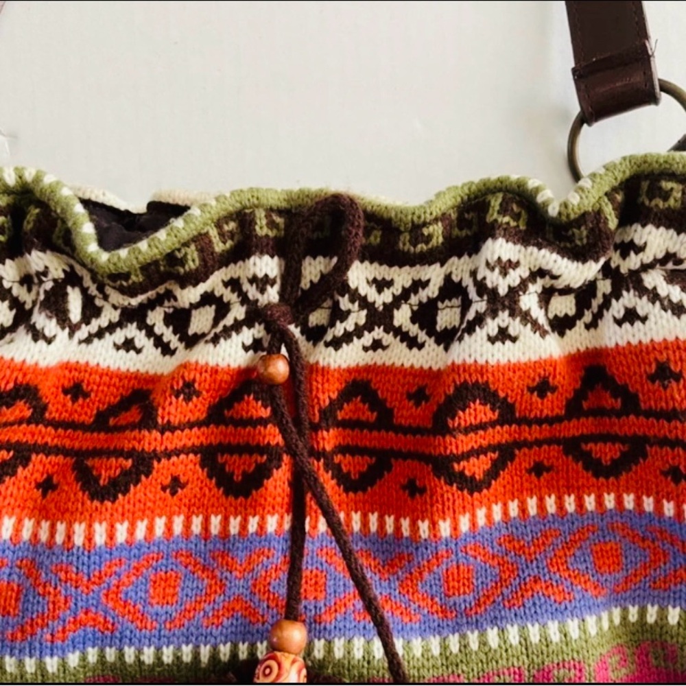 BOHO Colorful Knit Medium Shoulder Bag with Brown Tassels - Picture 9 of 12